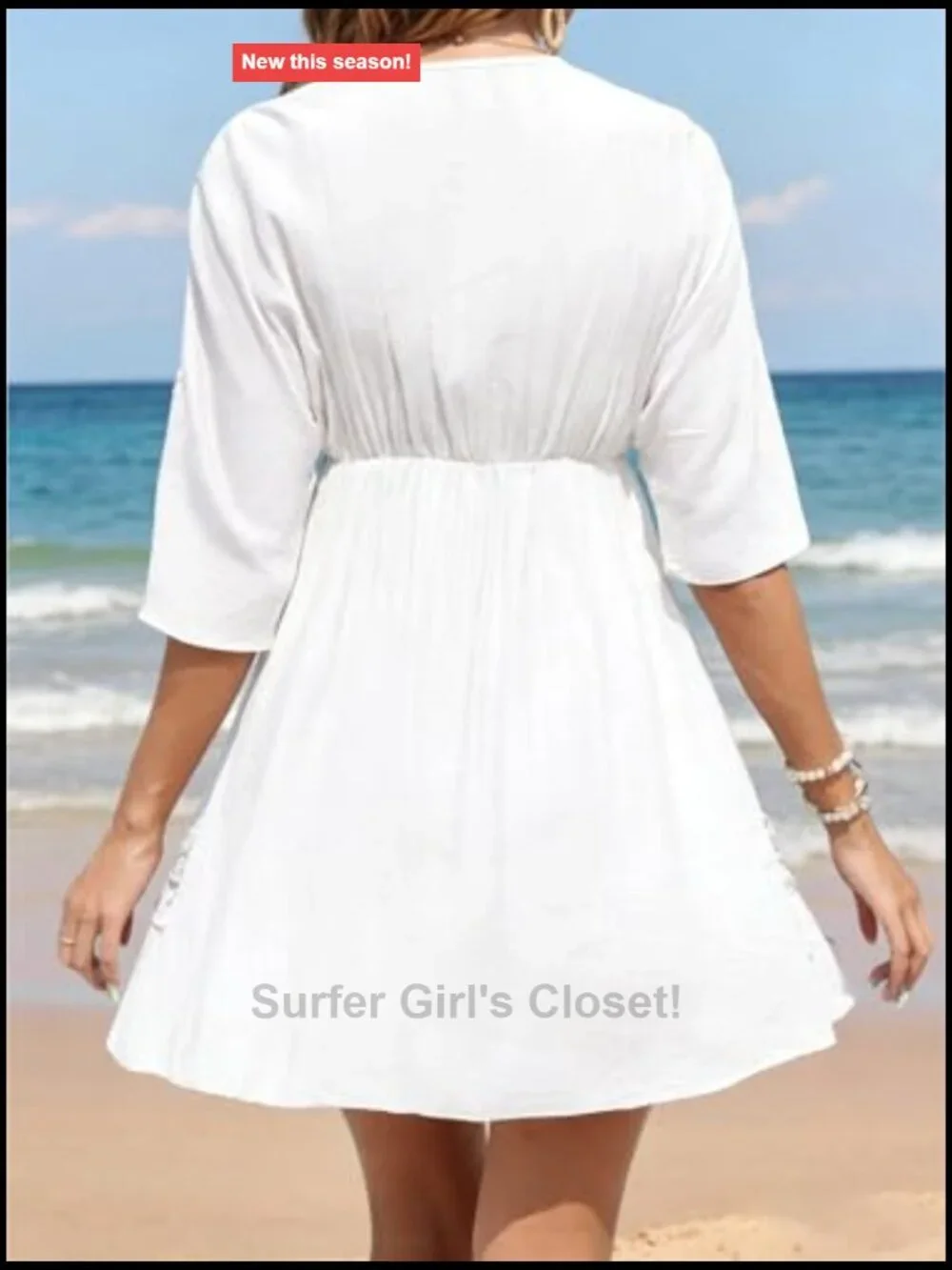 V Neck Beach Cover Up Dress - Crochet Lace Trim Swimsuit Coverup Drawstring